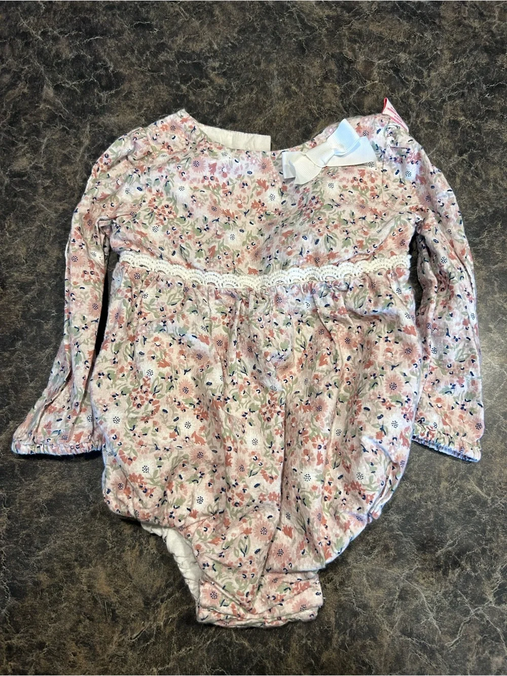 Tommy Bahama Pink Floral Lace-Trim Long-Sleeve Baby One-Piece